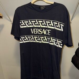 Versace Blue Short Sleeve Tee with Greek Key Pattern